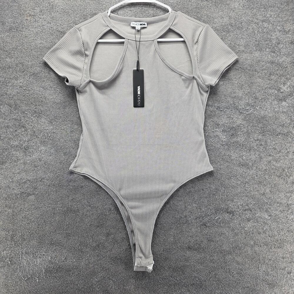 Fashion Nova Bodysuit Womens L Gray Make It Last Short Sleeve Cutout Ribbed